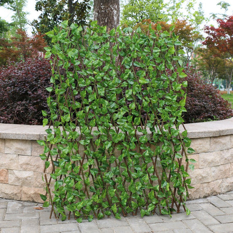 Expandable Wooden Lattice Fence With Artificial Ivy Leaf Trellis Vines, Accordion Backdrop Fencing 8"x98" - YauSpark