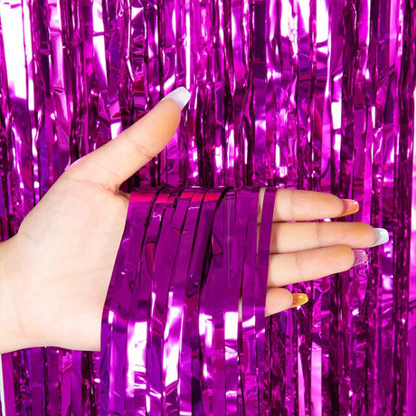 Metallic Tinsel Foil Fringe Doorway Curtain Party Backdrop 7ft Rose Red - YauSpark