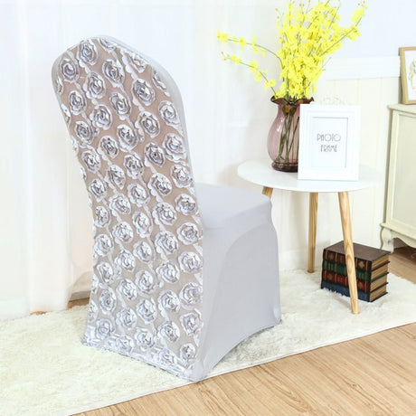 Satin Rosette Spandex Stretch Banquet Chair Cover Silver - YauSpark