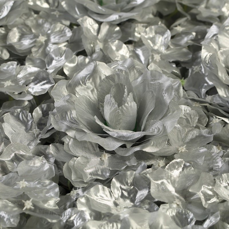 Silver 3D Silk Rose and Hydrangea Flower Wall Mat Backdrop - 4 Artificial Panels - YauSpark